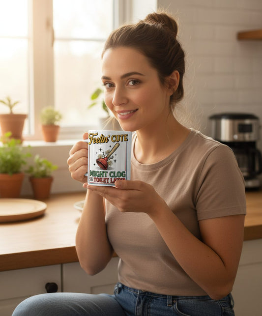 Feelin' Cute MIGHT CLOG the TOILET LATER Funny Plunger White Mug - lifestyle model mockup - White
