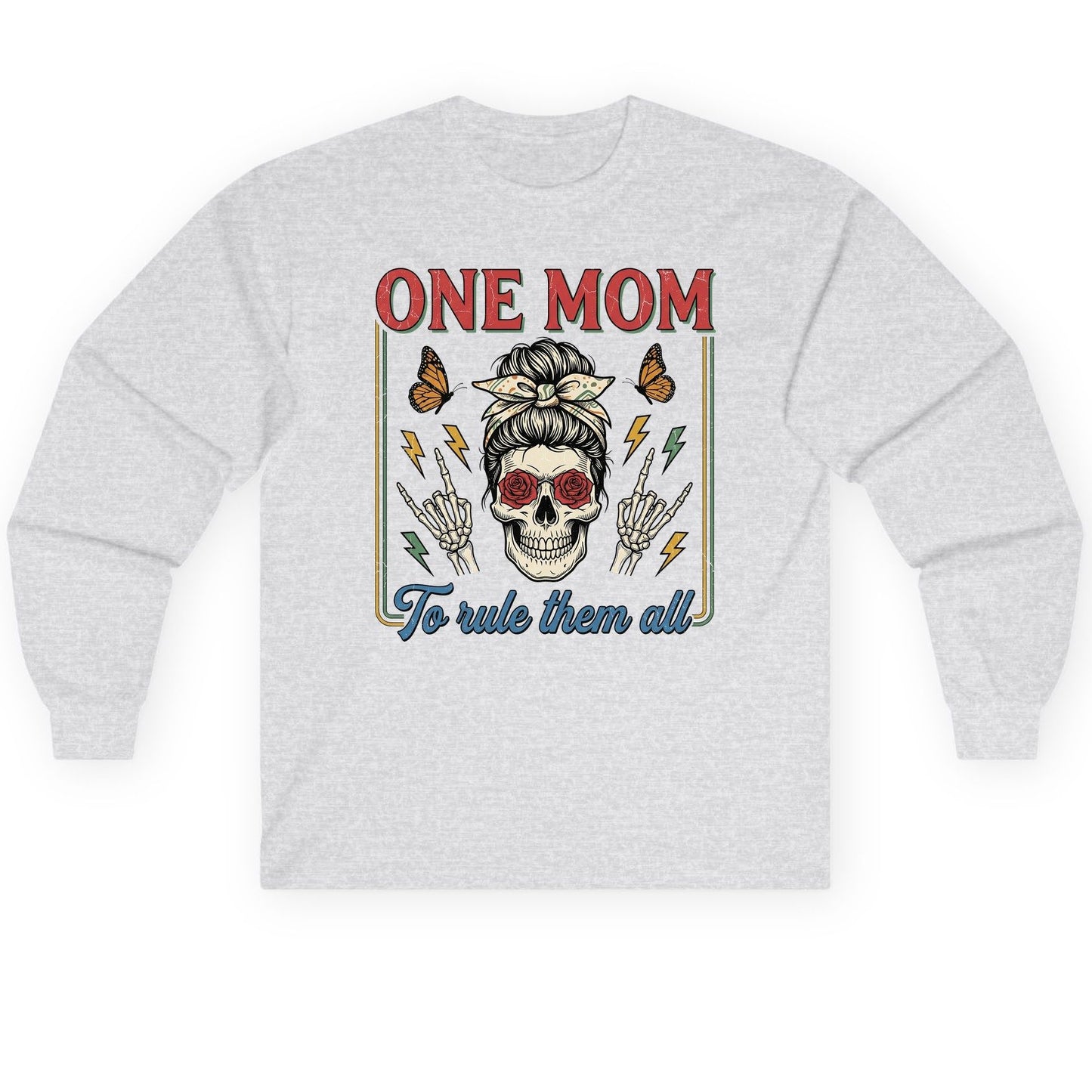 ONE MOM to Rule Them All Funny Skull Long Sleeve Tee - product mockup - Ash