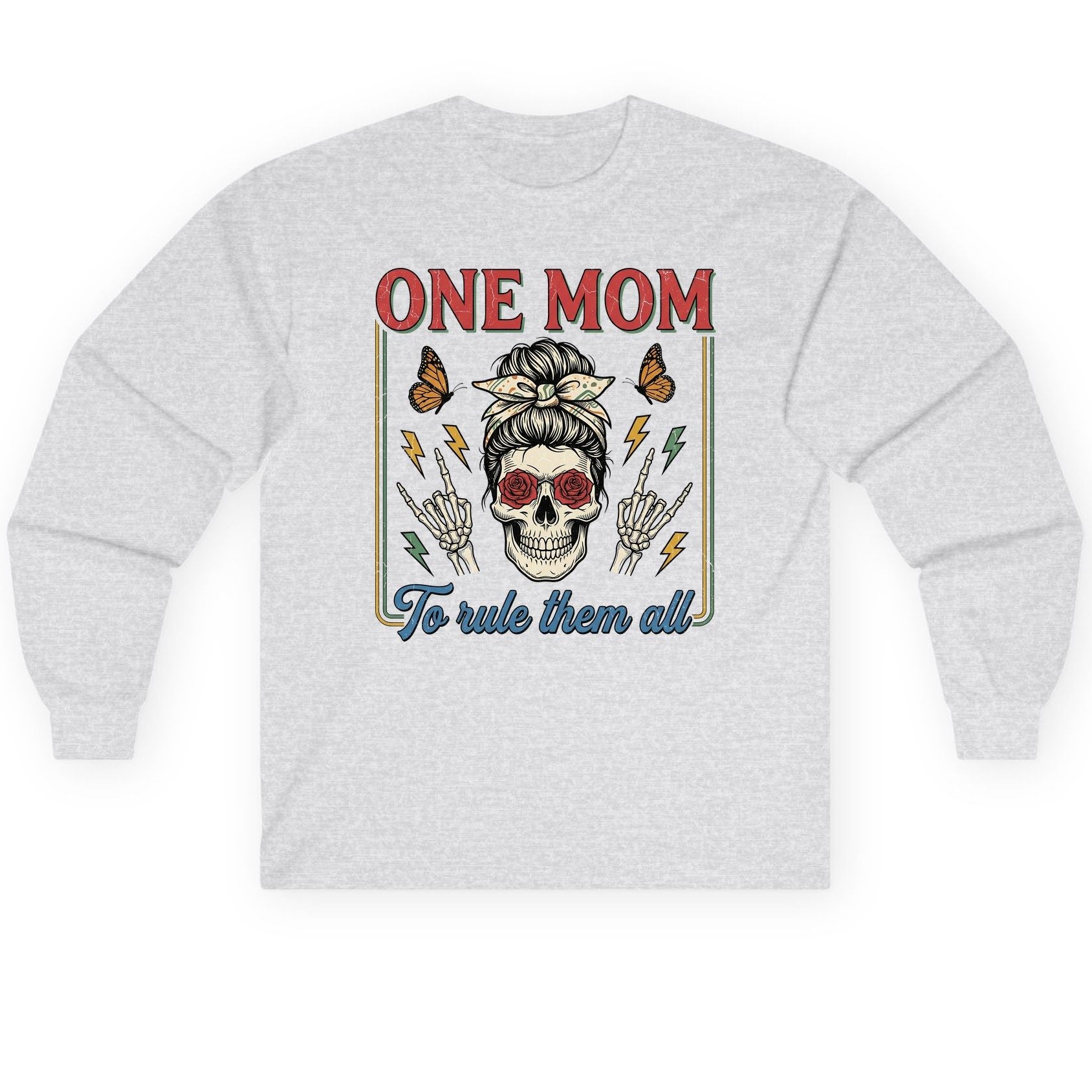 ONE MOM to Rule Them All Funny Skull Long Sleeve Tee - product mockup - Ash