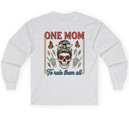 ONE MOM to Rule Them All Funny Skull Long Sleeve Tee - product mockup - Ash