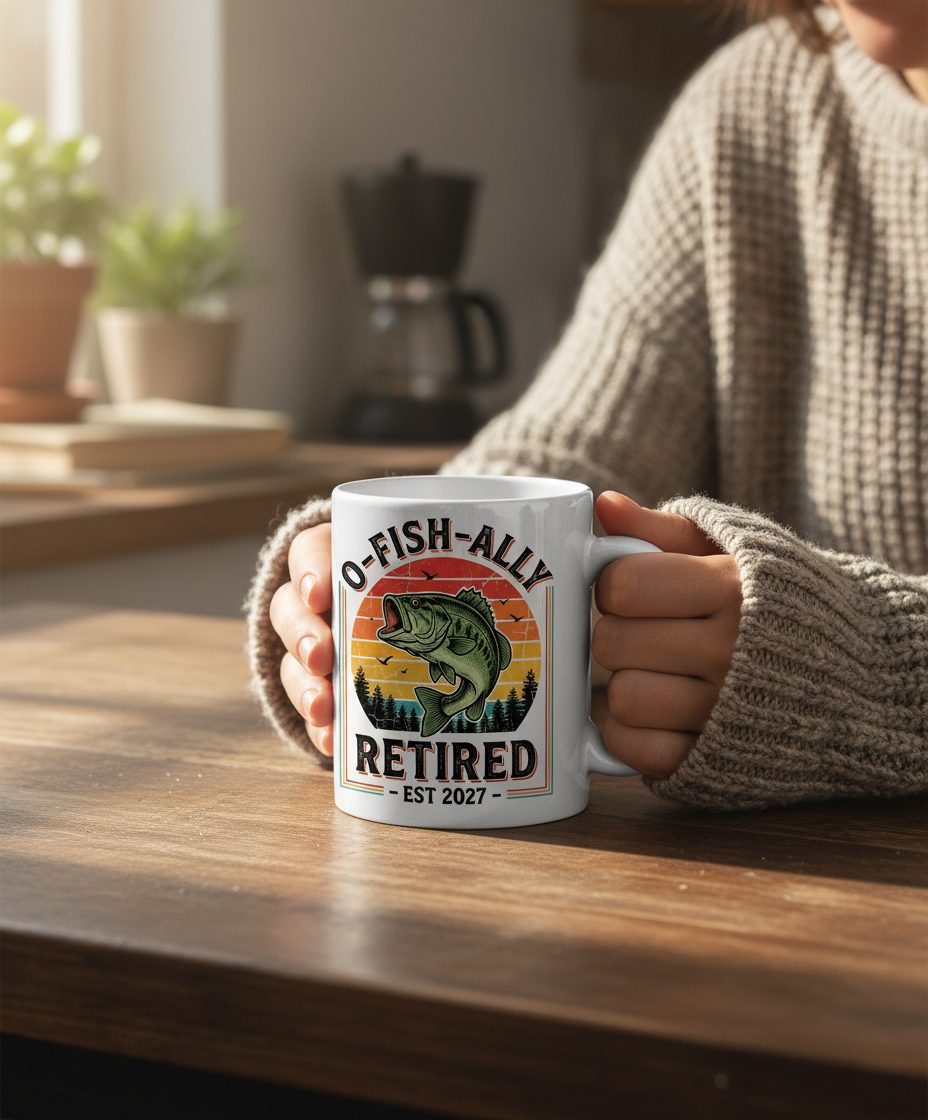 O-Fish-Ally Retired EST 2027 Funny Fishing White Mug - lifestyle model mockup - White