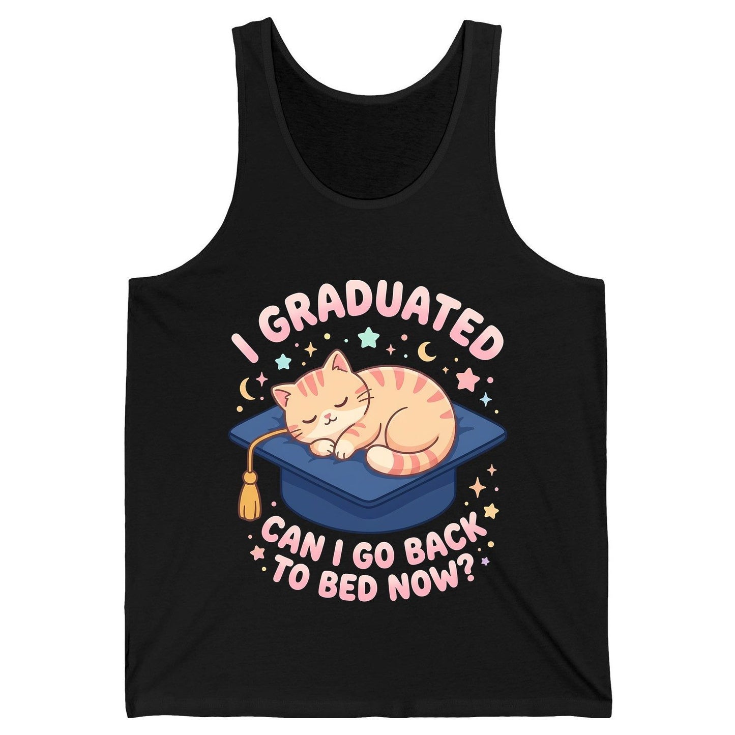 I Graduated CAN I GO BACK TO BED NOW Funny Graduation Cat Tank Top - product mockup - Black