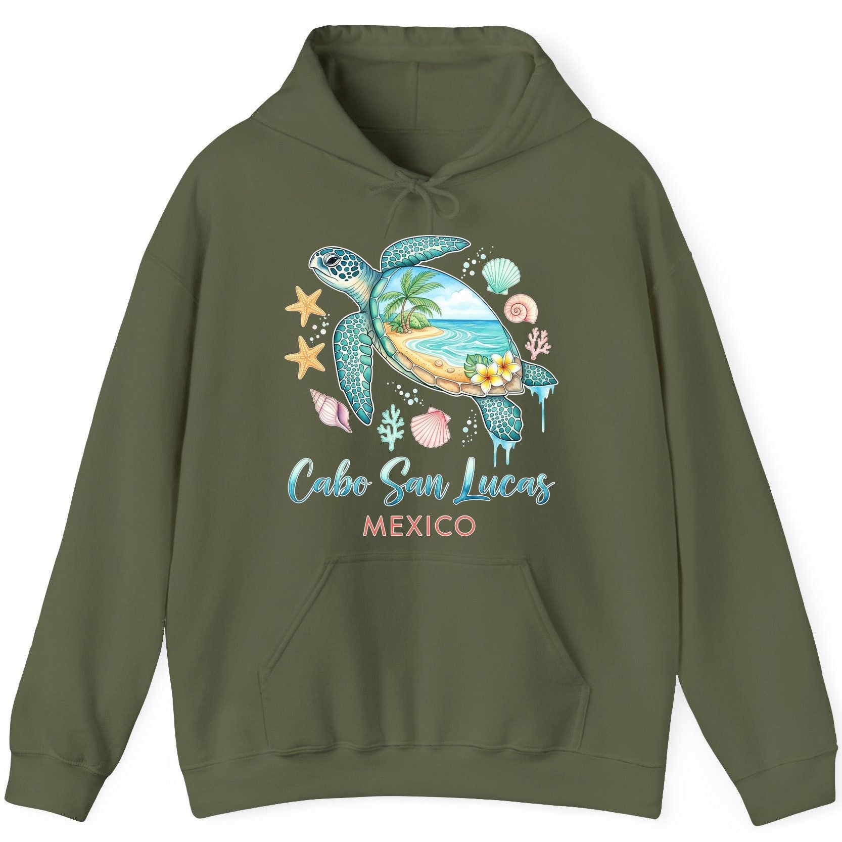 Cabo San Lucas Mexico sea turtle Hoodie Military Green product mockup