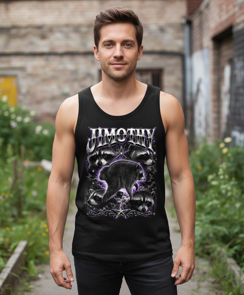 Jimothy Funny Raccoon Tank Top - lifestyle model mockup - Black