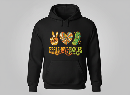 Peace Love Pickles Retro 70s Hippie Design Hoodie - Black