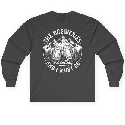 THE Breweries Are Calling AND I MUST GO Long Sleeve Tee - product mockup - Dark Heather
