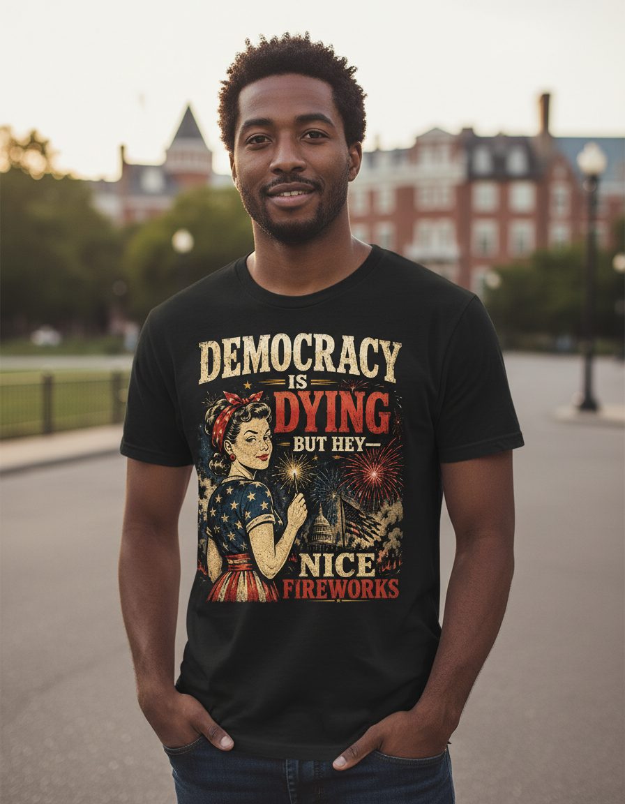 Democracy IS DYING BUT HEY NICE Fireworks T-Shirt - lifestyle model mockup - Black