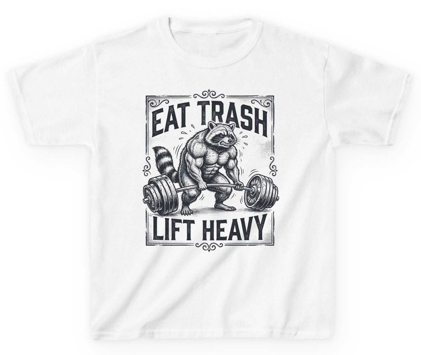 Eat Trash Lift Heavy raccoon Youth T-Shirt White product mockup