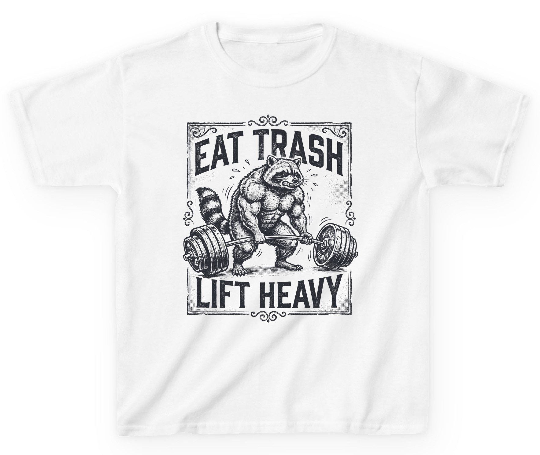 Eat Trash Lift Heavy raccoon Youth T-Shirt White product mockup