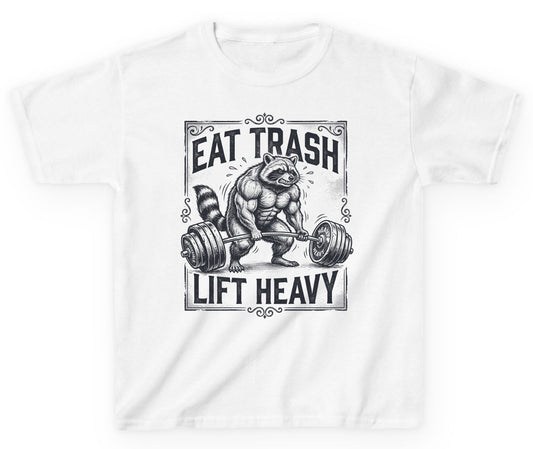 Eat Trash Lift Heavy raccoon Youth T-Shirt White product mockup