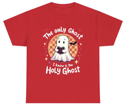 The Only Ghost I Know Is the Holy Ghost christian Halloween Youth T-Shirt Red product mockup