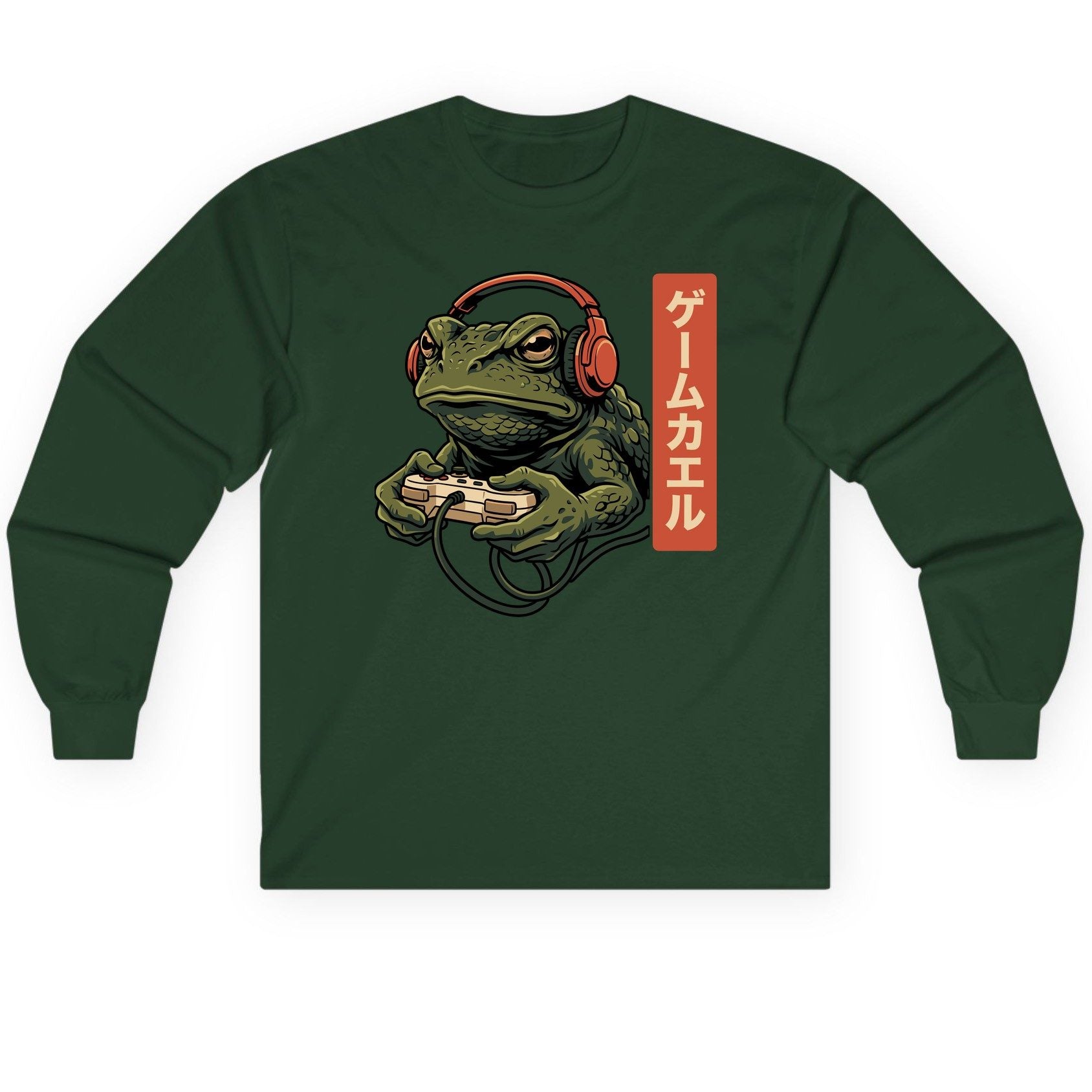 ゲームカエル gaming toad Long Sleeve Tee Forest Green product mockup
