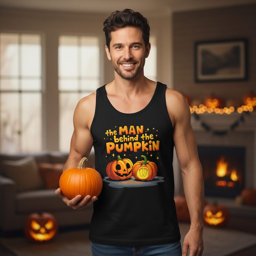 The Man Behind the Pumpkin Halloween pregnancy announcement Tank Top Black lifestyle mockup