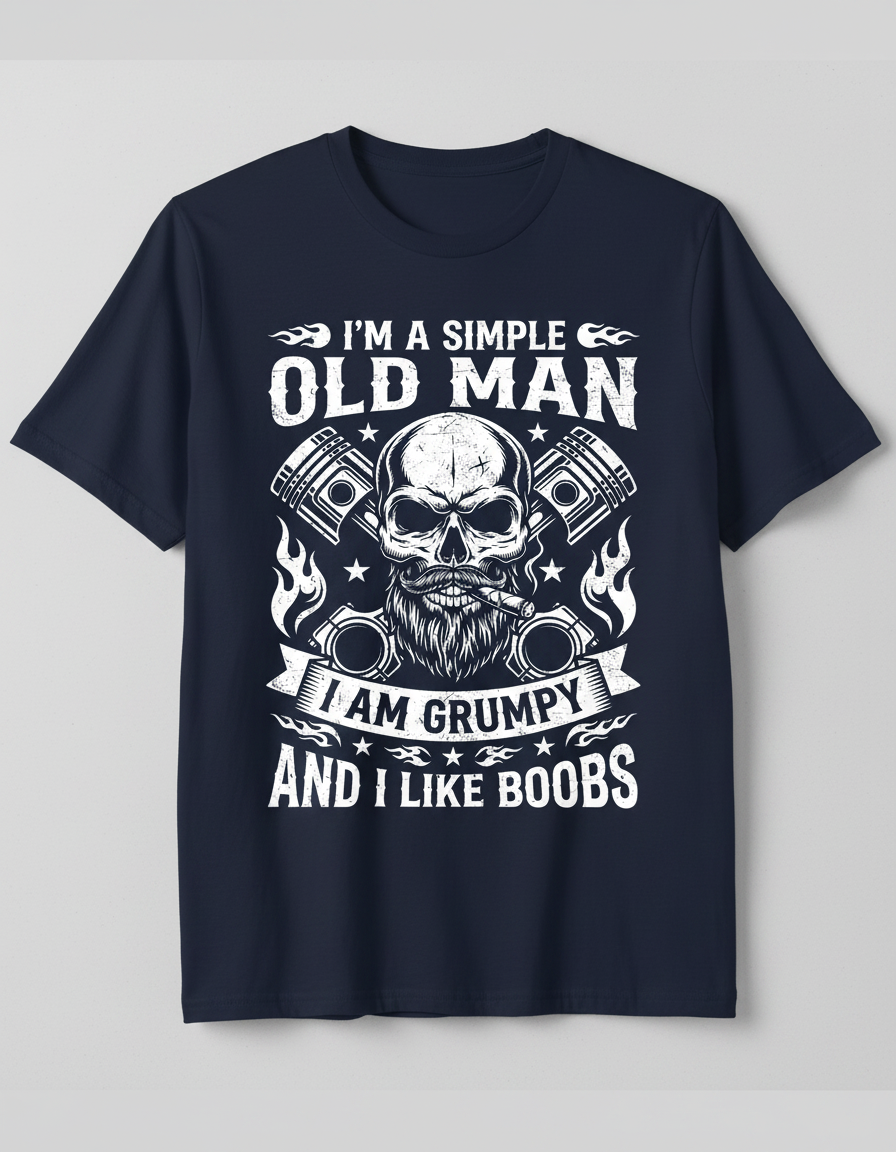 Grumpy Old Man Biker Skull and Pistons Funny Quote T-Shirt - Navy