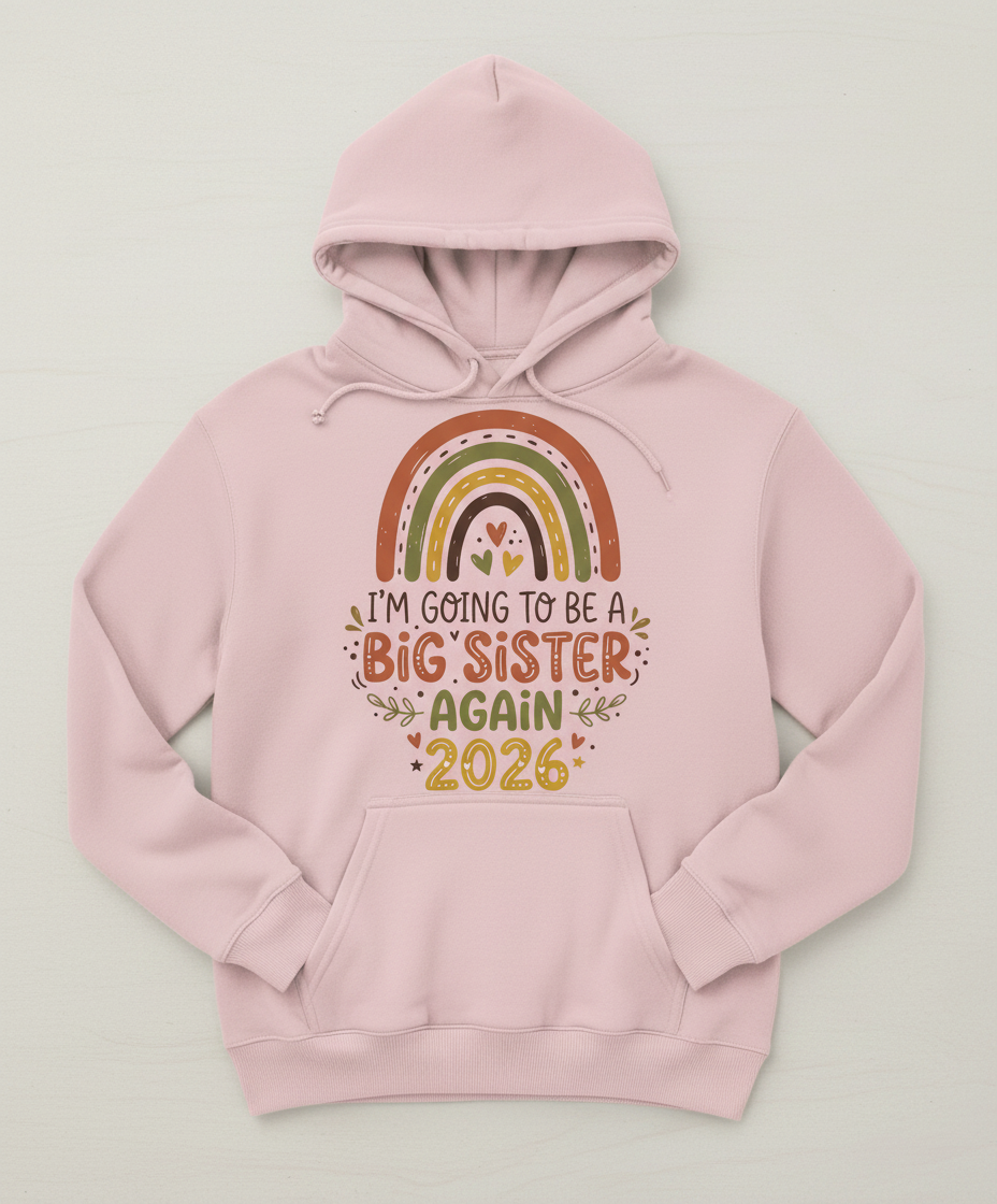 I'm Going to Be a Big Sister Again 2026 Boho Rainbow Announcement Hoodie - Light Pink