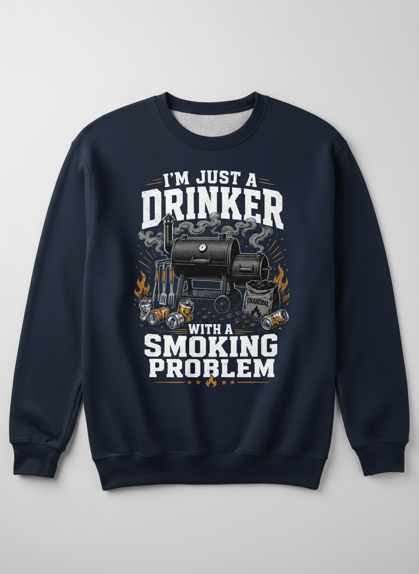 I'M JUST A DRINKER WITH A SMOKING PROBLEM Funny Drinker With A Smoking Problem BBQ Sweatshirt - product mockup - Navy