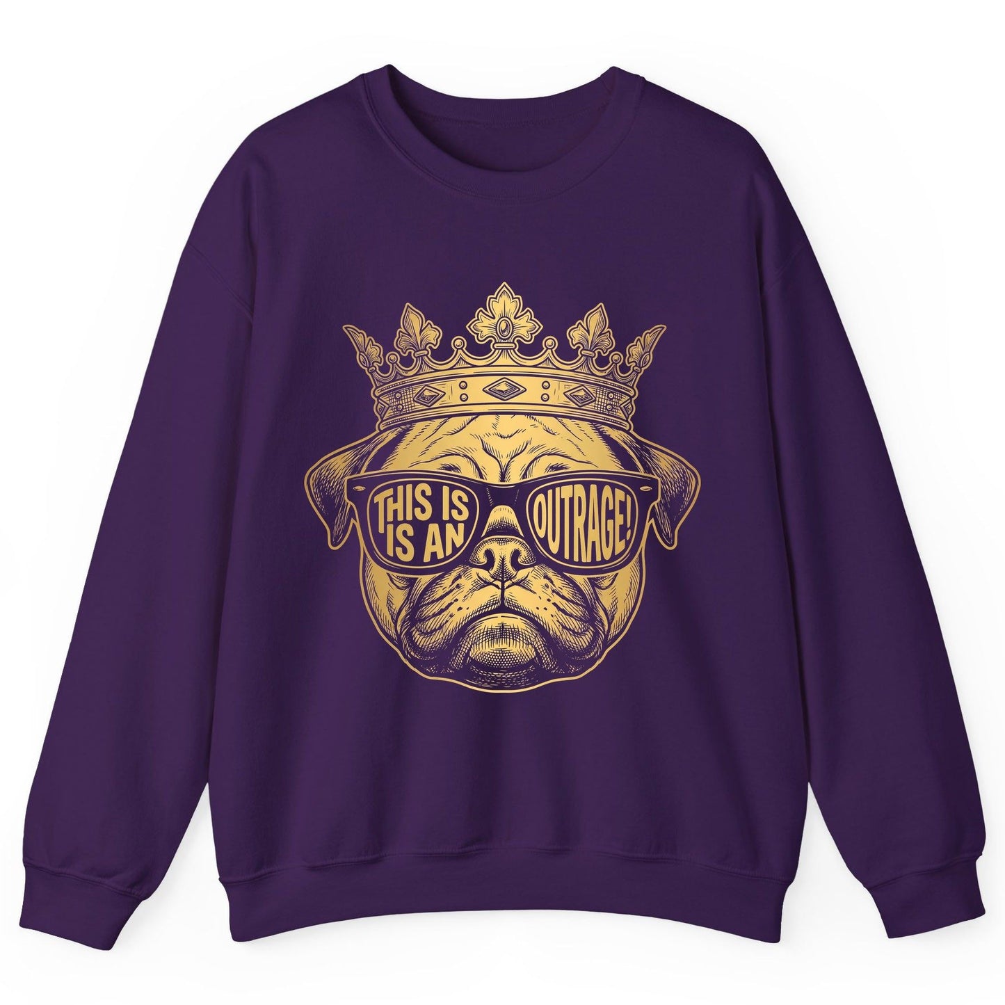 This Is An Outrage! Pug Sweatshirt Purple product mockup