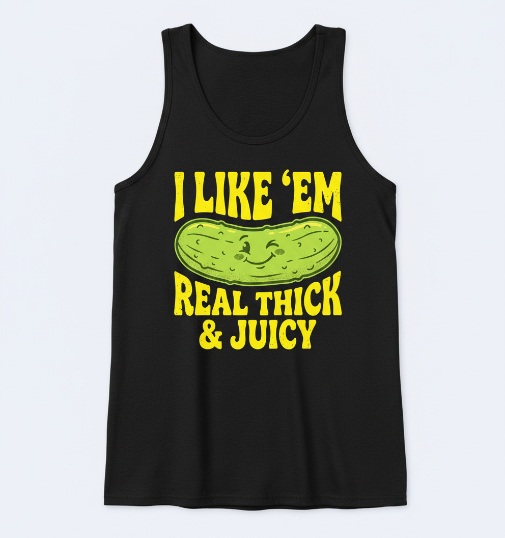 I Like 'Em Real Thick & Juicy Pickle Funny Food Pun Tank Top - Black