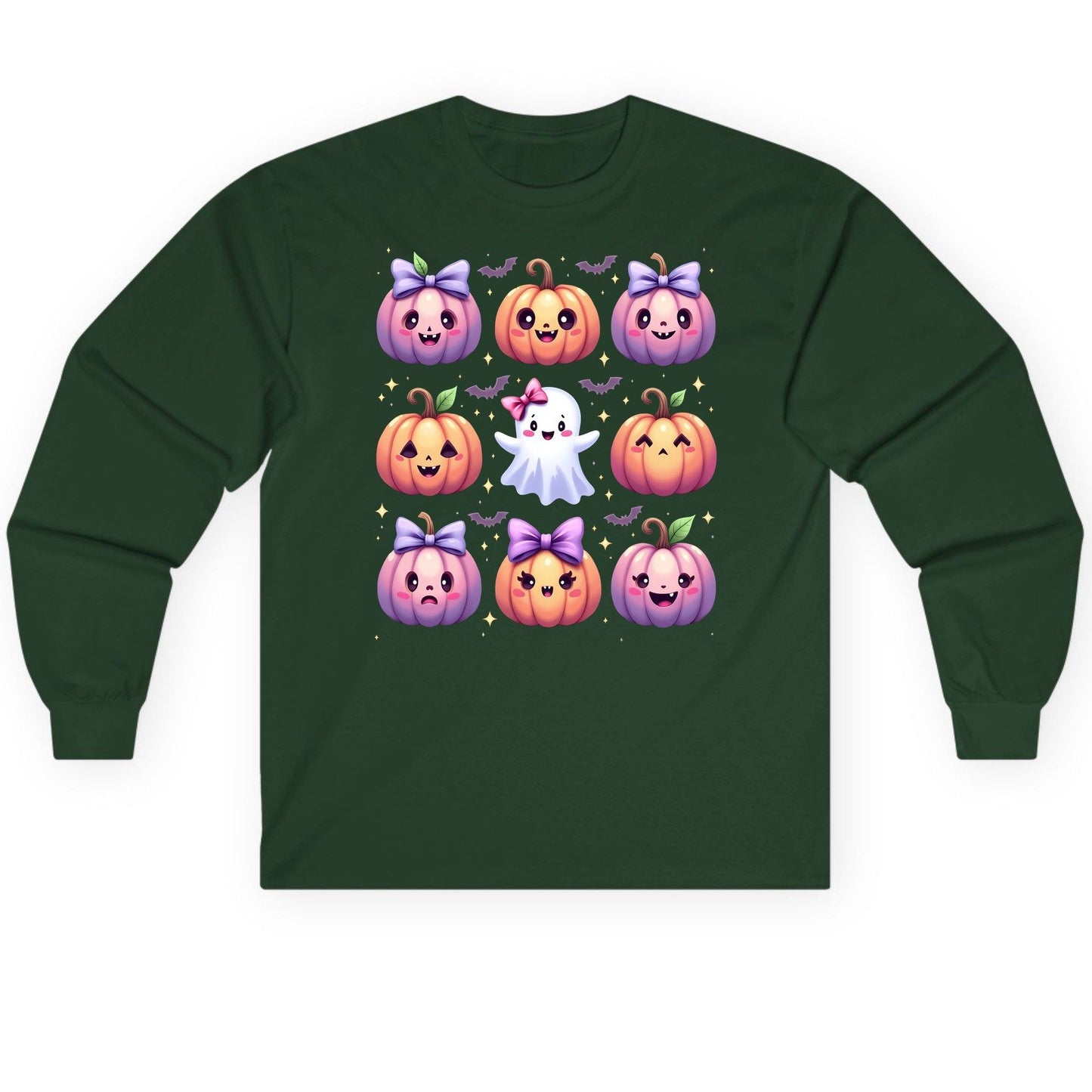 Kawaii Halloween Pumpkins kawaii Halloween Long Sleeve Tee Forest Green product mockup
