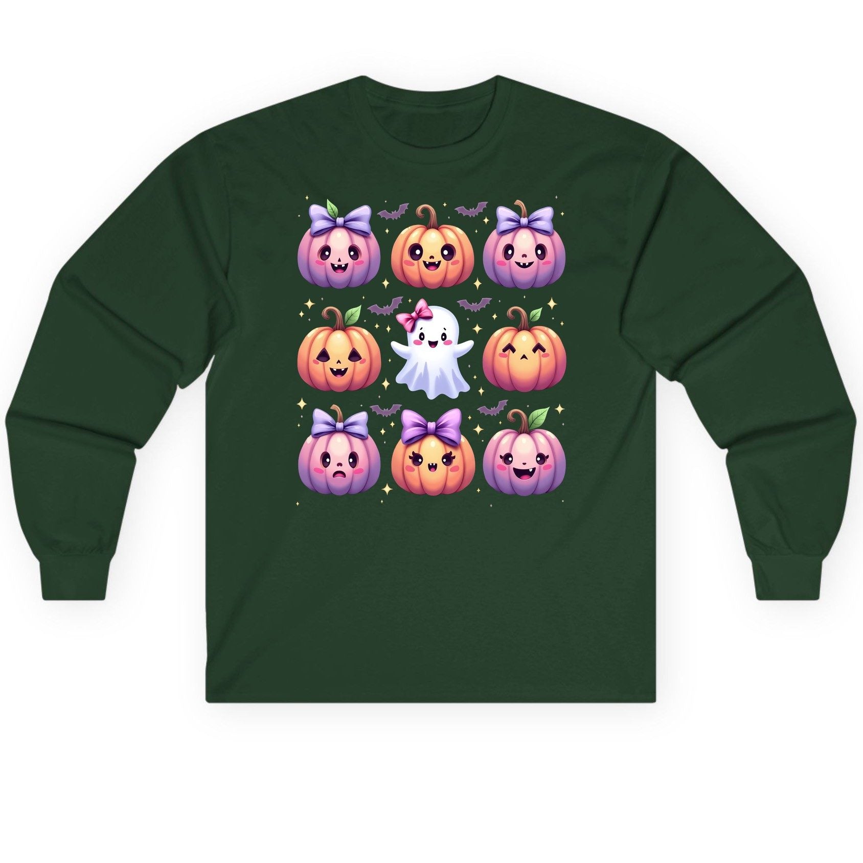 Kawaii Halloween Pumpkins kawaii Halloween Long Sleeve Tee Forest Green product mockup