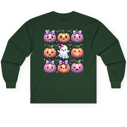 Kawaii Halloween Pumpkins kawaii Halloween Long Sleeve Tee Forest Green product mockup