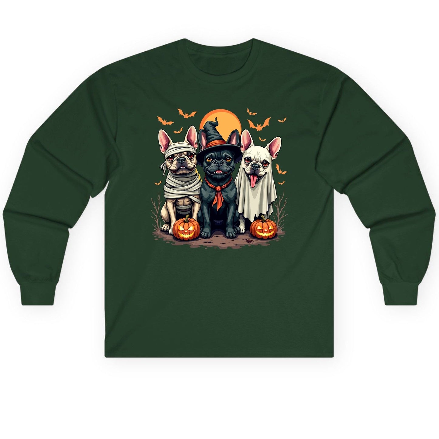 Halloween French Bulldogs Costumes french bulldogs Long Sleeve Tee Forest Green product mockup
