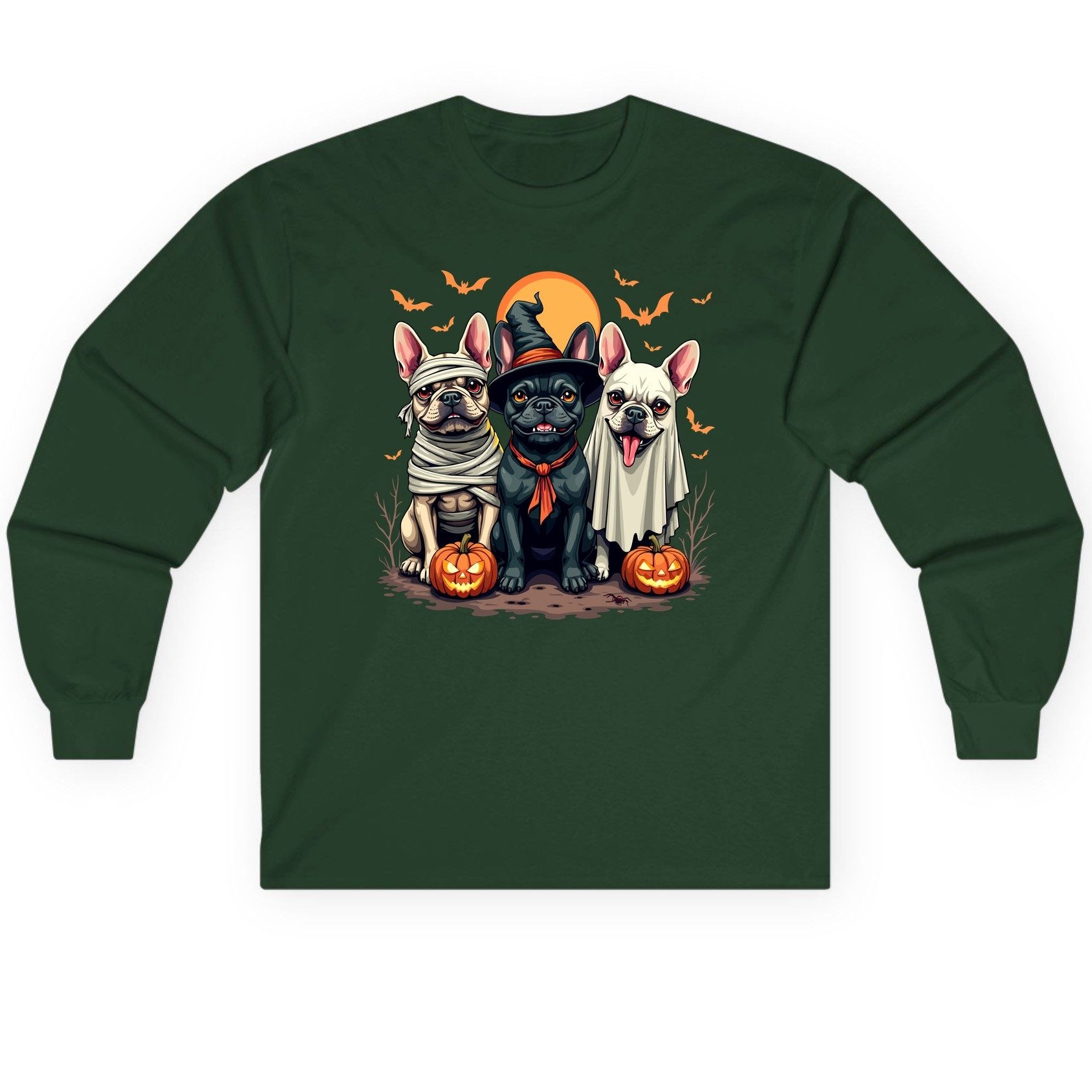 Halloween French Bulldogs Costumes french bulldogs Long Sleeve Tee Forest Green product mockup
