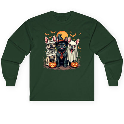 Halloween French Bulldogs Costumes french bulldogs Long Sleeve Tee Forest Green product mockup