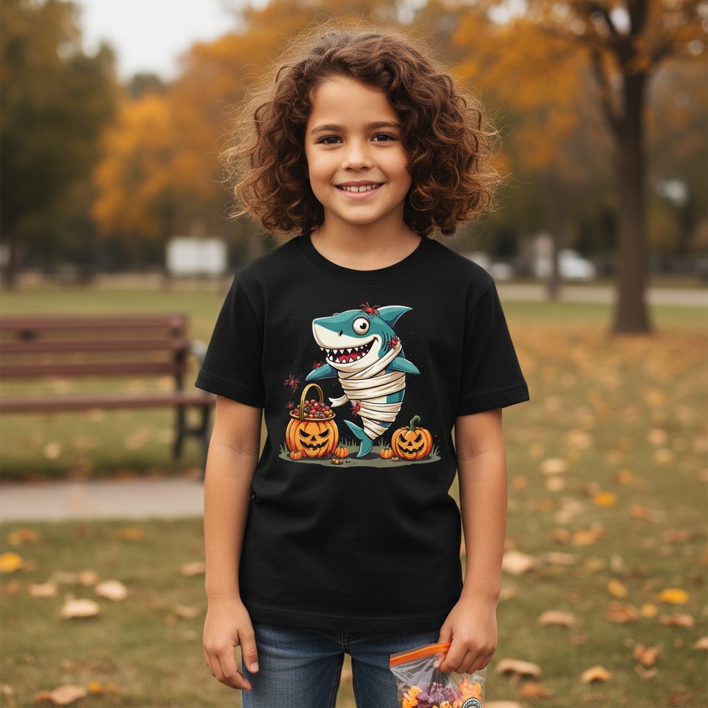 Mummy Shark Halloween shark Youth T-Shirt Black lifestyle mockup