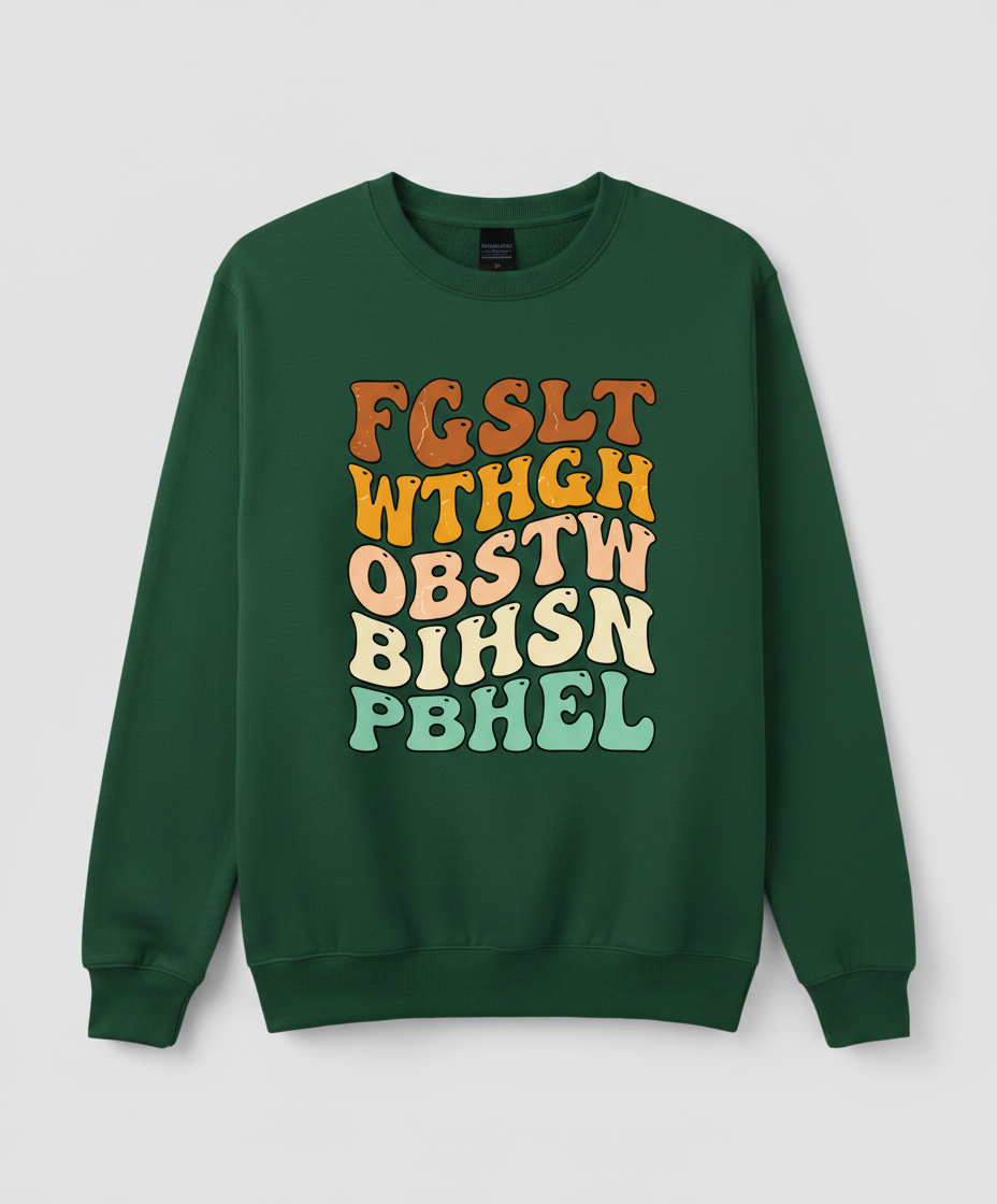Retro 70s Groovy Wavy Alphabet Design Sweatshirt - Forest Green