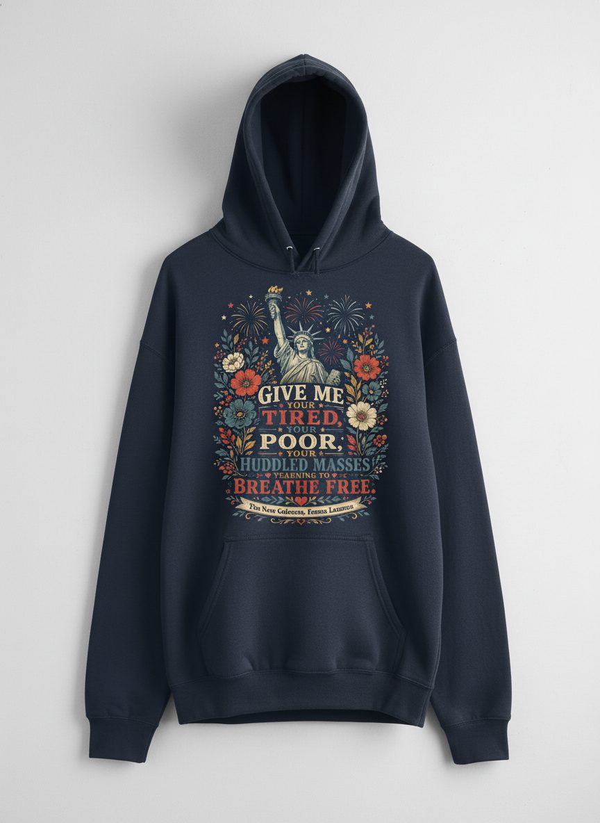 Breathe Free Patriotic Statue of Liberty Vintage Americans Hoodie - product mockup - Navy