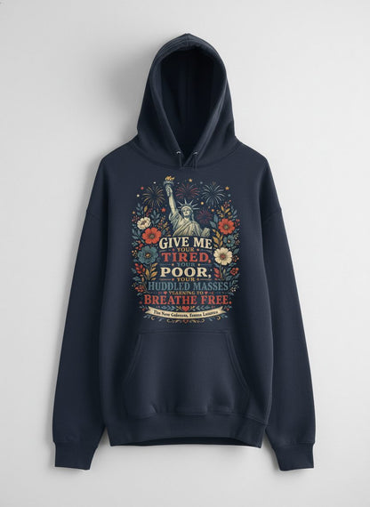 Breathe Free Patriotic Statue of Liberty Vintage Americans Hoodie - product mockup - Navy