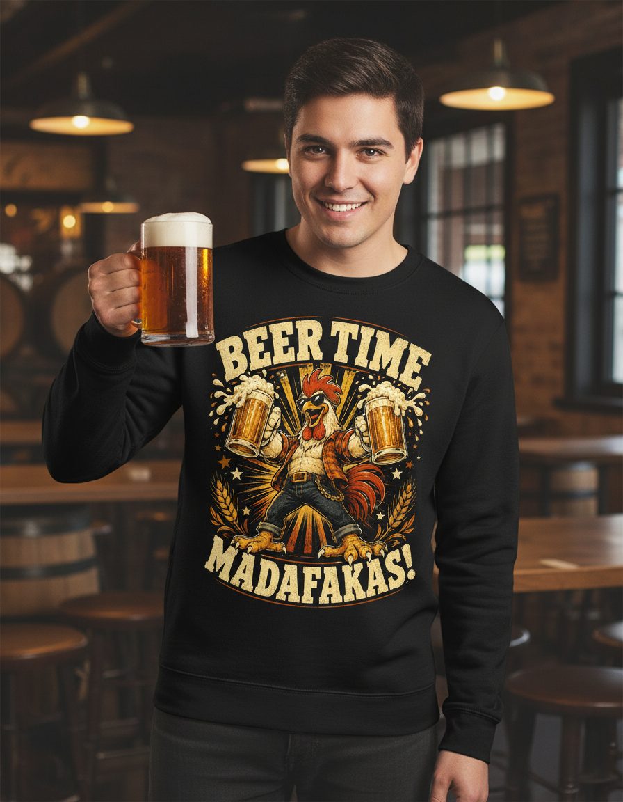 Beer Time Madafakas Funny Rooster Sweatshirt - lifestyle model mockup - Black
