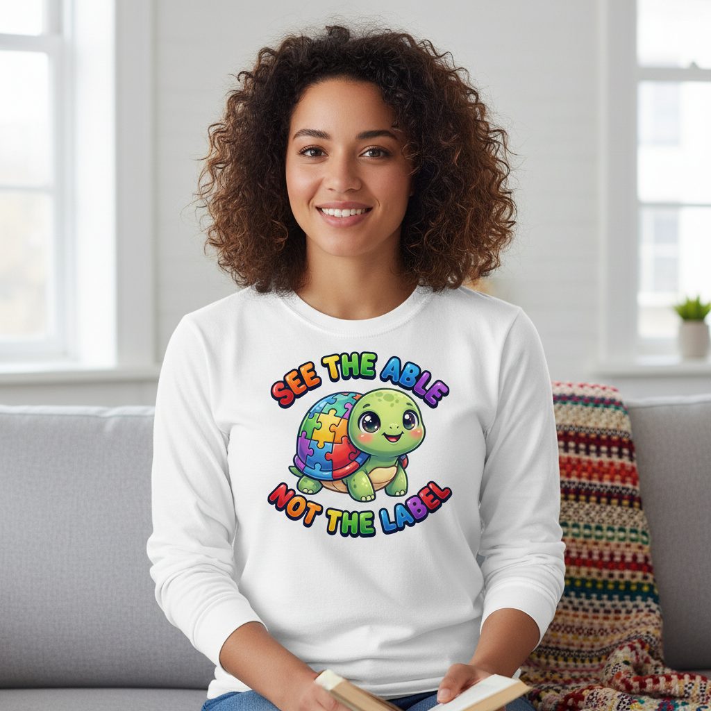 SEE THE ABLE NOT THE LABEL Autism Awareness Long Sleeve Tee - lifestyle model mockup - White