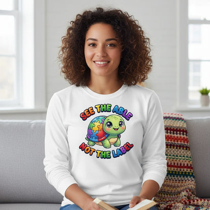 SEE THE ABLE NOT THE LABEL Autism Awareness Long Sleeve Tee - lifestyle model mockup - White