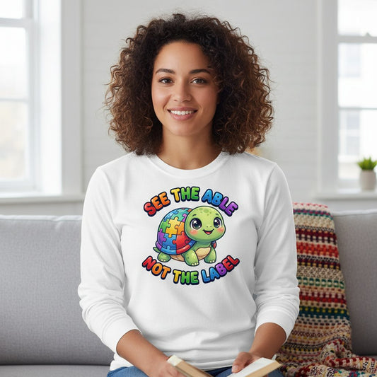 SEE THE ABLE NOT THE LABEL Autism Awareness Long Sleeve Tee - lifestyle model mockup - White