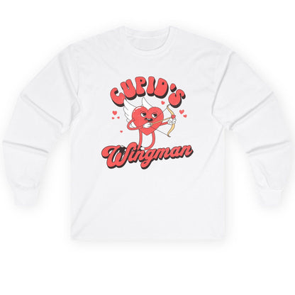 Cupid's Wingman Valentine's Day Long Sleeve Tee White product mockup