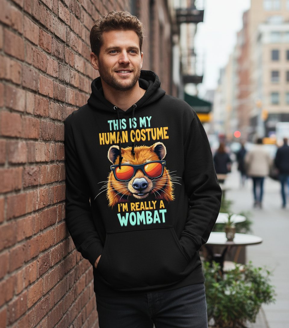 This Is My Human Costume I'm Really a Wombat wombat Hoodie Black lifestyle mockup