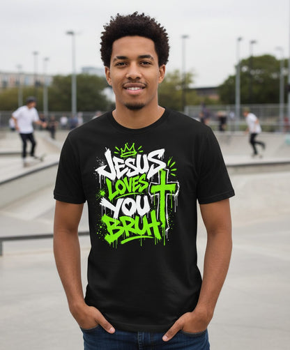Jesus Loves You Bruh Christian Youth T-Shirt - lifestyle model mockup - Black