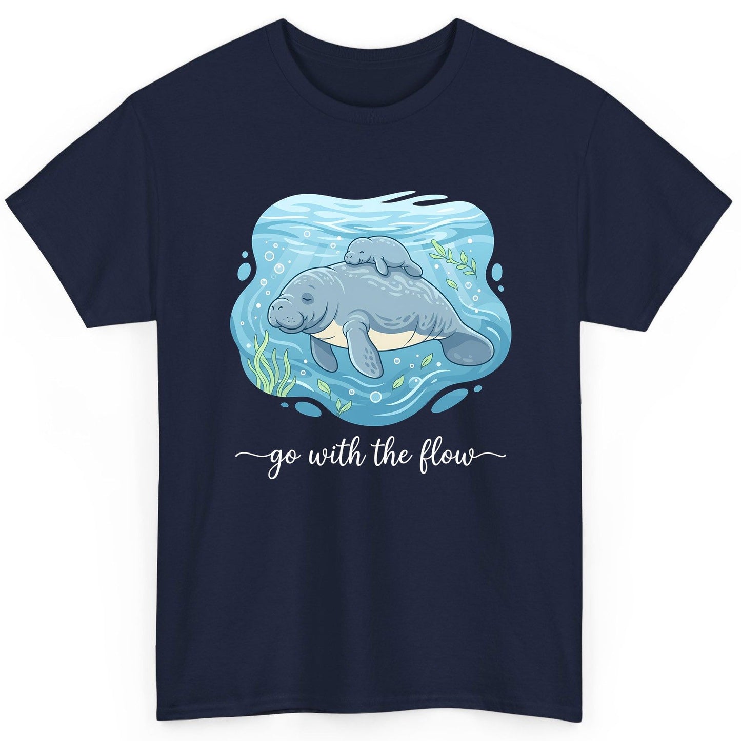 Go with the Flow Manatee T-Shirt - product mockup - Navy