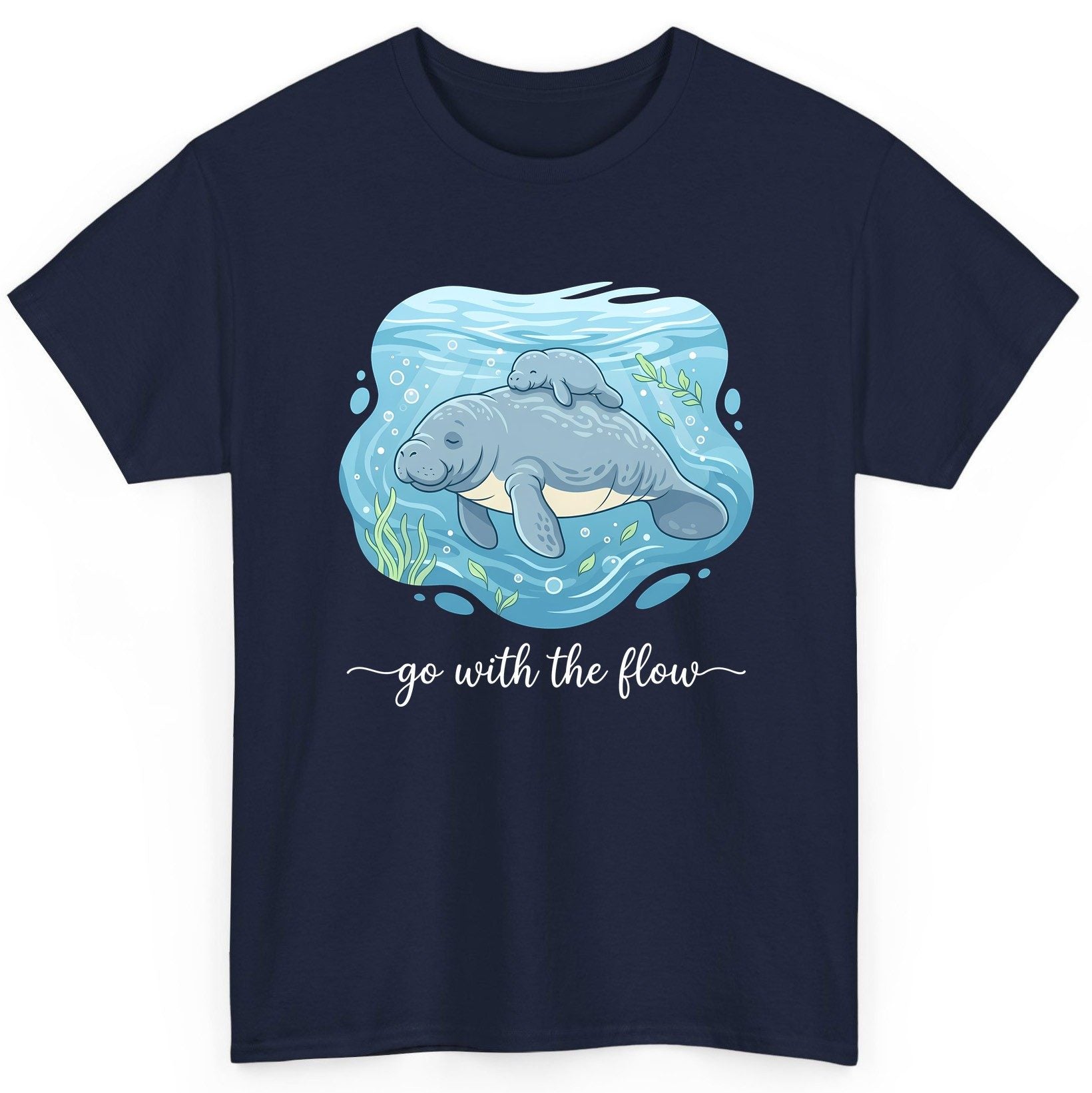 Go with the Flow Manatee T-Shirt - product mockup - Navy