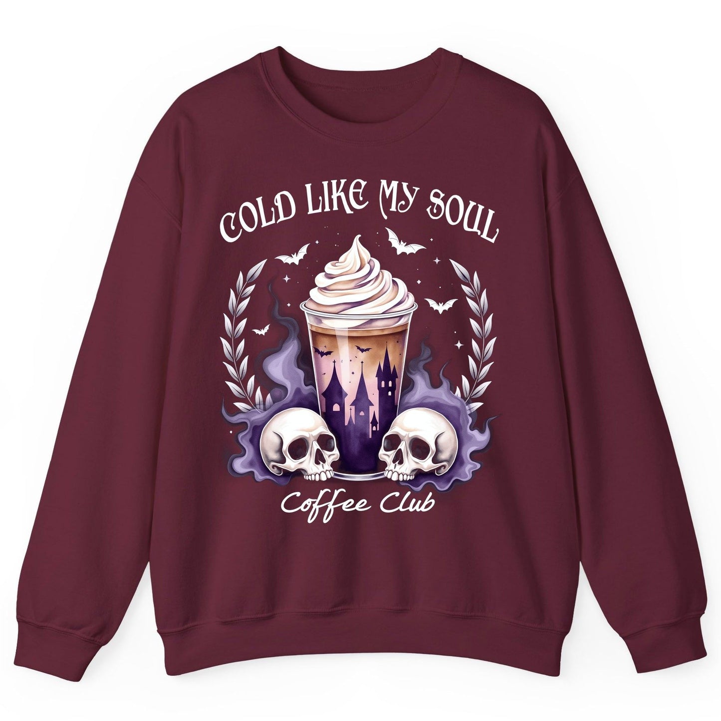 Cold Like My Soul Coffee Club gothic iced coffee Sweatshirt Maroon product mockup