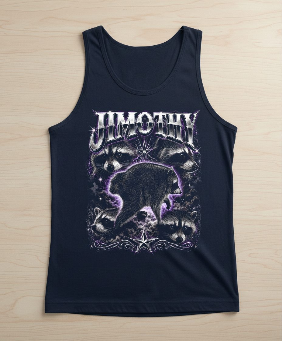Jimothy Funny Raccoon Tank Top - product mockup - Navy