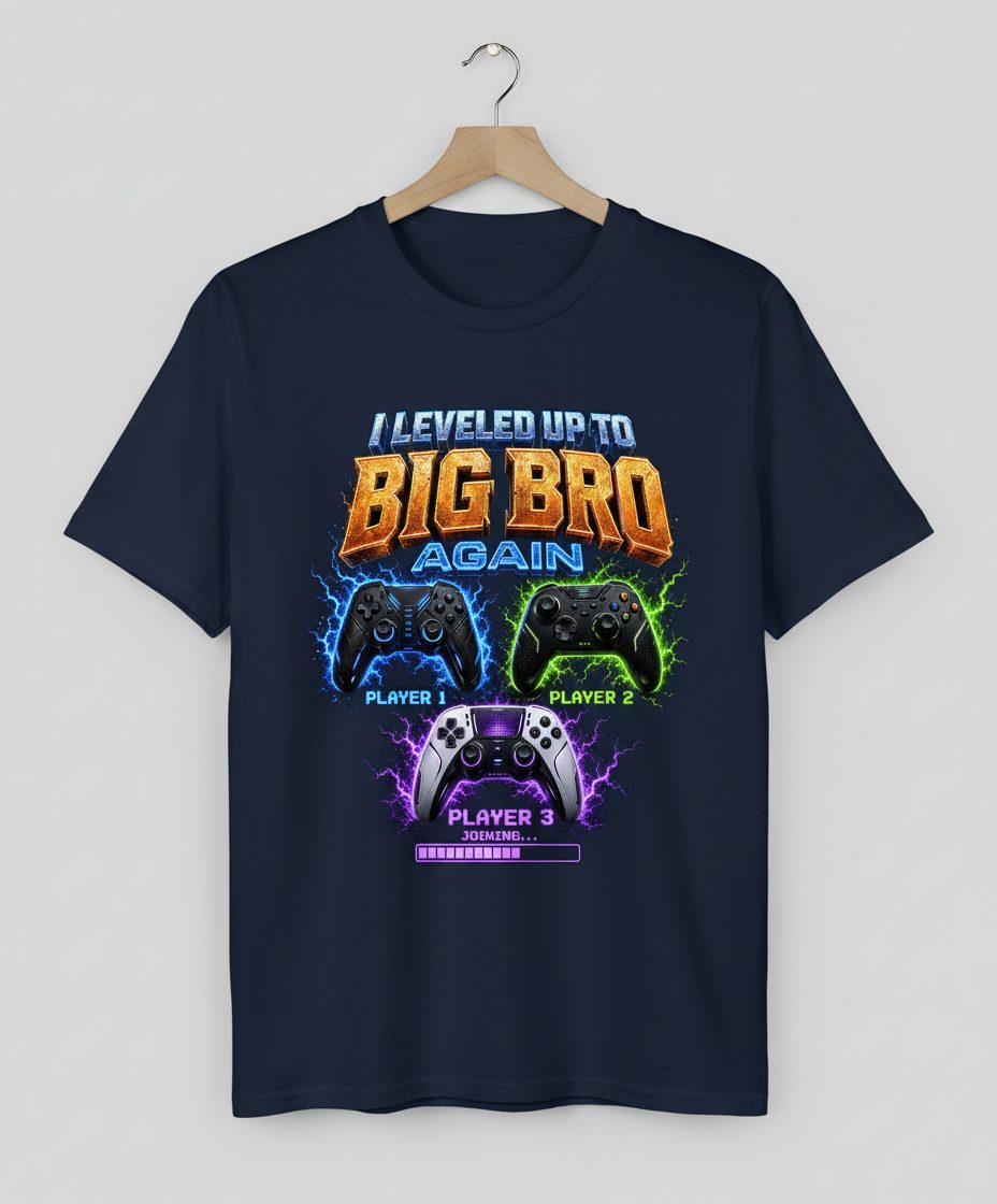 I Leveled Up to Big Bro Again Gamer Brother T-Shirt - product mockup - Navy