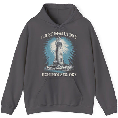 I Just Really Like Lighthouses, Ok? lighthouse Hoodie Charcoal product mockup