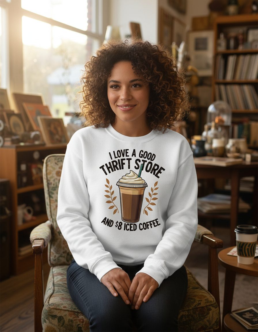 I Love a Good Thrift Store and 8 Iced Coffee coffee and thrifting Sweatshirt White lifestyle mockup