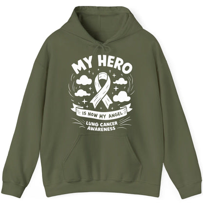 My Hero Is Now My Angel Lung Cancer Awareness lung cancer awareness Hoodie Military Green product mockup