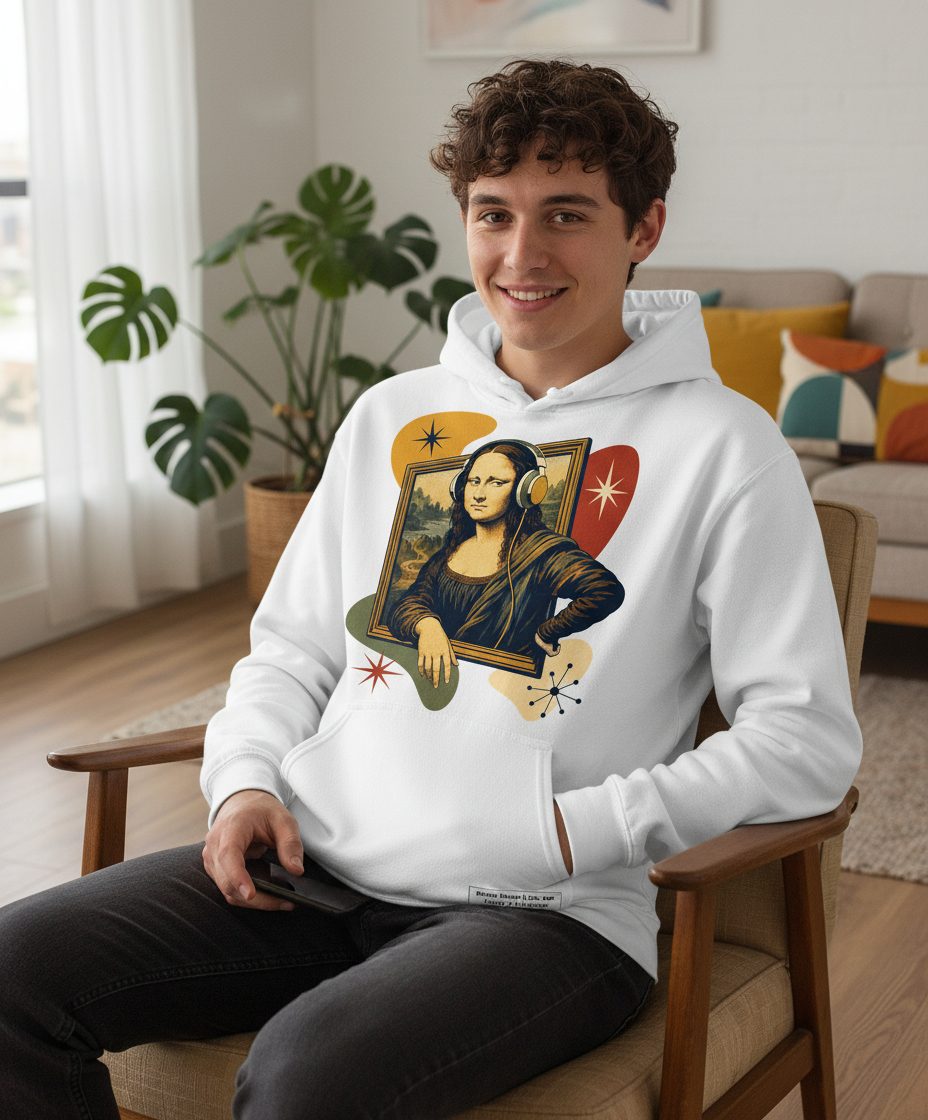 Retro Mona Lisa with Headphones Funny Art Lovers Hoodie - lifestyle model mockup - White