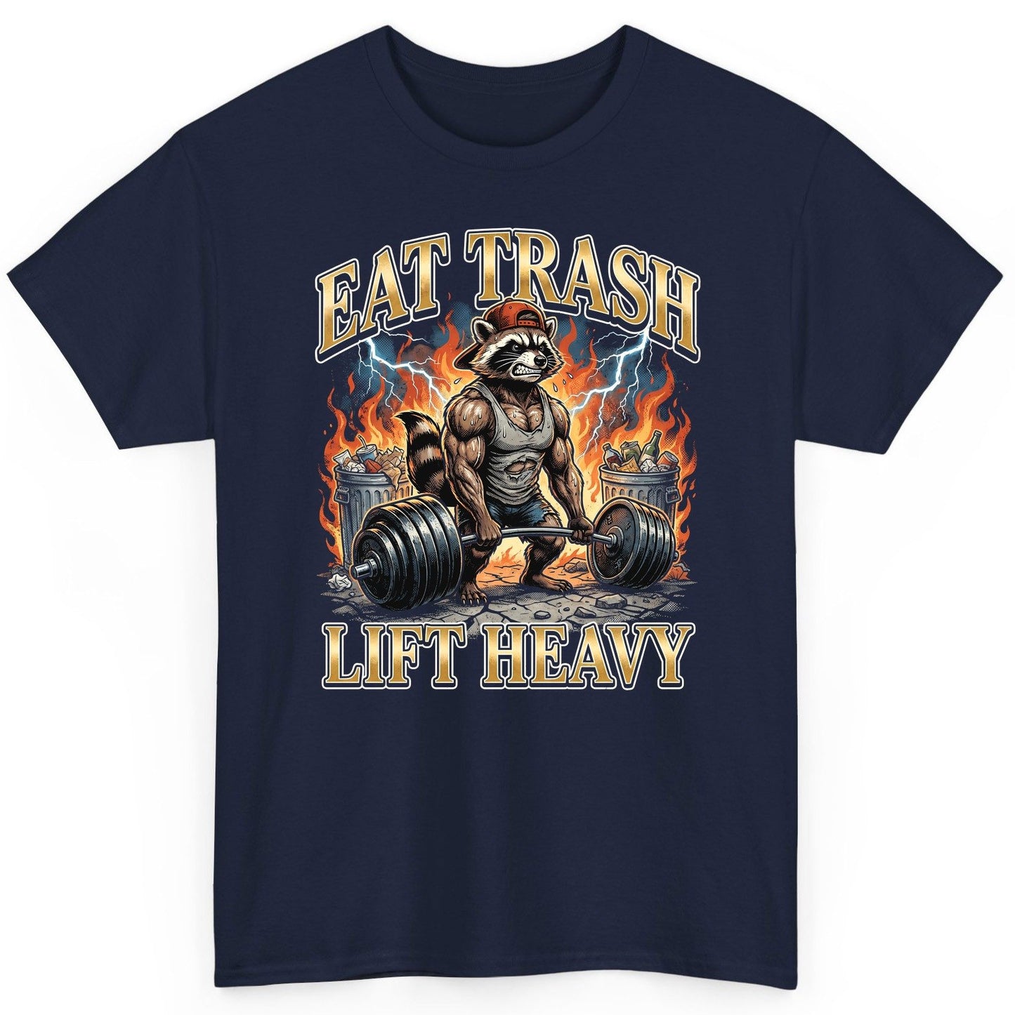 Eat Trash Lift Heavy raccoon T-Shirt Navy product mockup