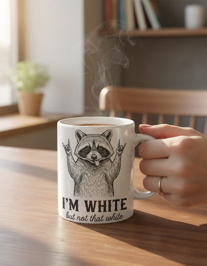 I'M WHITE but Not That White Funny Raccoon White Mug - lifestyle model mockup - White